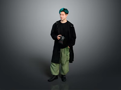 Man With Green Hair Wearing Black Coat And Green Pants Holding Camera Against Gray Background 3d model