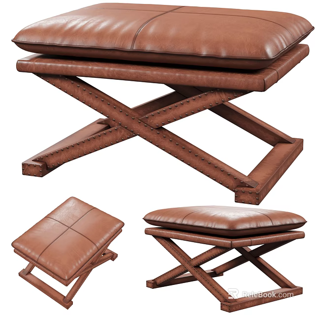 Brown Leather Ottoman With Padded Seat And Crossed Wooden Legs Design 3d model 
