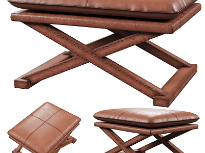 Brown Leather Ottoman With Padded Seat And Crossed Wooden Legs Design 3d model