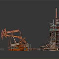 Abandoned Industrial Machinery Equipment With Oil Pumps Drill Rigs And Rusted Control Boxes
