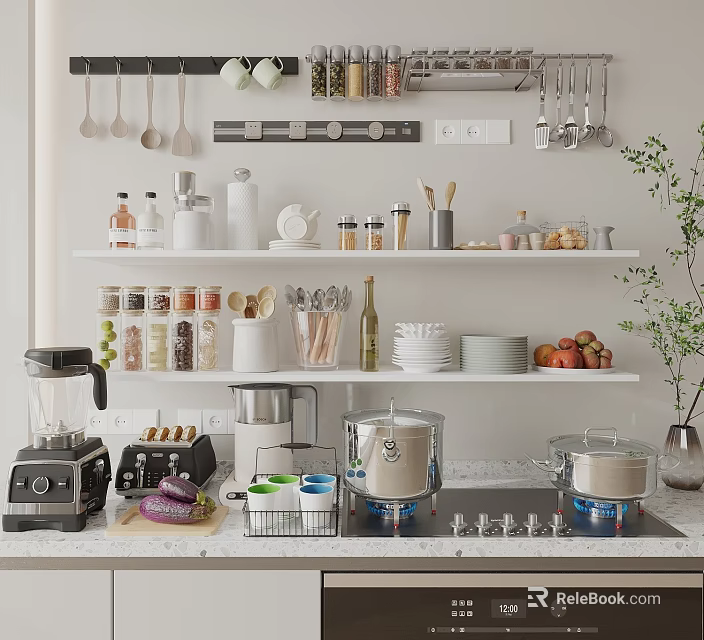 Modern Kitchen Featuring Essential Appliances White Shelves Storage Jars Plates And Fruits 3d model 