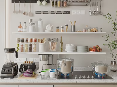 Modern Kitchen Featuring Essential Appliances White Shelves Storage Jars Plates And Fruits 3d model