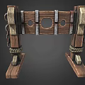 Medieval Wooden Restraint Structure With Metal Straps Chains And Circular Holes