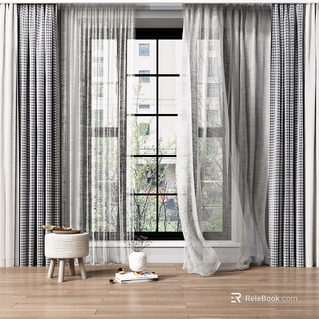 Modern Striped Curtains With Sheer Panels And Natural Light Window View 3d model 