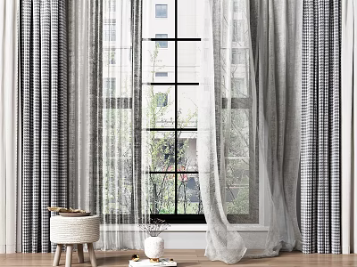 Modern Striped Curtains With Sheer Panels And Natural Light Window View 3d model