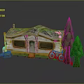 Wooden Cabin With Green Roof Pine Trees Nearby Bicycle Windows And Steps