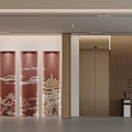 Spacious Modern Office Corridor With Decorative Wall Wooden Bookshelves And Linear Ceiling Lights