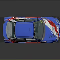 Blue Racing Car With Red And White Stripes Special Logo And Rear Spoiler