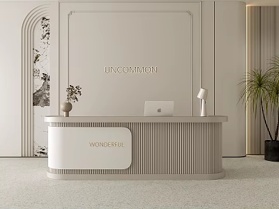 Modern Reception Desk With Wonderful Sign Laptop Table Lamp Uncommon Wall Design And Plant 3d model