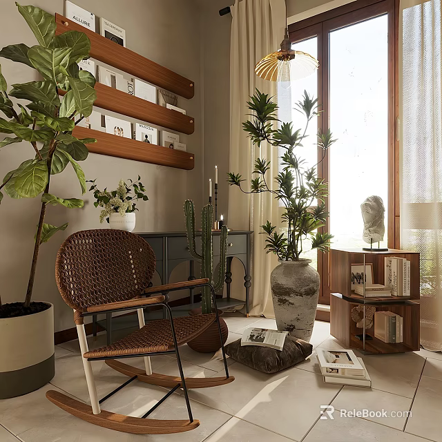 Woven Leisure Chair With Wooden Frame In Indoor Living Space With Green Plants Decorative Shelves 3d model 