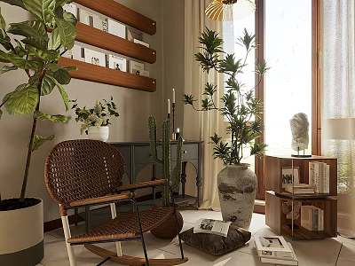 Woven Leisure Chair With Wooden Frame In Indoor Living Space With Green Plants Decorative Shelves 3d model
