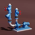 Blue Industrial Equipment With Red Handled Valves Pipes And Motor On Base
