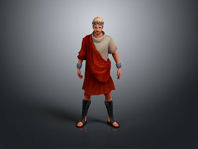 Roman man wearing red robe golden crown metal wristbands and black boots against gray background 3d model