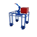 Blue Metal Frame Structure Equipped With Robotic Arm Holding Red Cube On Wheeled Base 3d model