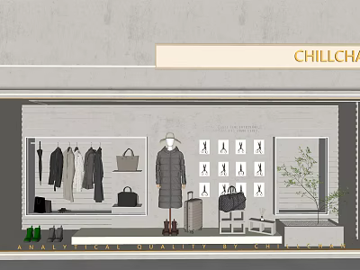 Elegant Chillcha Shop Window Display Featuring Clothes Bags Shoes Mannequin And Plant 3d model