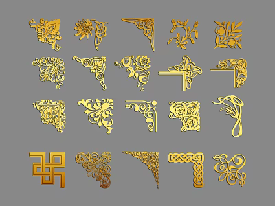 Golden Decorative Ornamental Patterns With Various Corner Designs And Floral Elements 3d model