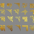 Golden Decorative Ornamental Patterns With Various Corner Designs And Floral Elements 3d model