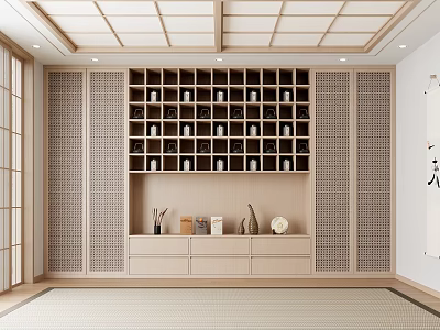 Japanese Style Tatami Room Interior With Wooden Lattice Storage Cabinet And Decorative Ornaments 3d model