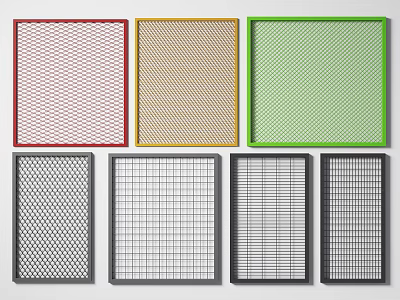 Various Colored Metal Mesh Fencing Panels Featuring Different Grid Patterns And Styles 3d model