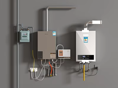 Wall Mounted Gas Water Heater With Control Panel Meter Box And Pipe Connections 3d model