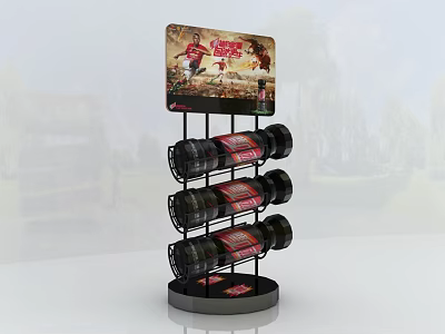 Multi tiered Display Rack With Black Bottles Red Labels And Crispy Chicken Advertising Board 3d model