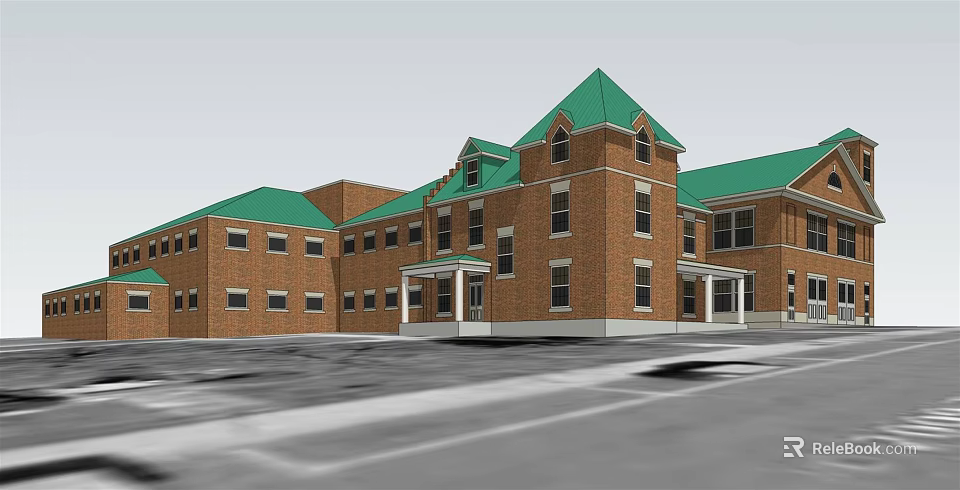 Red Brick Building Exterior With Green Roof Multiple Windows Front Porch And Symmetric Design 3d model 
