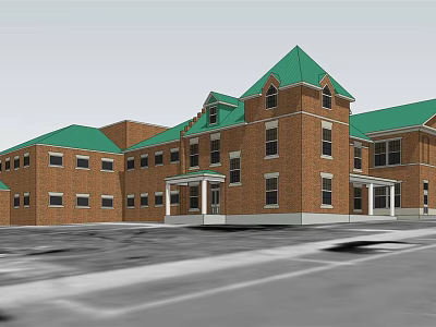 Red Brick Building Exterior With Green Roof Multiple Windows Front Porch And Symmetric Design 3d model