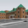 Red Brick Building Exterior With Green Roof Multiple Windows Front Porch And Symmetric Design