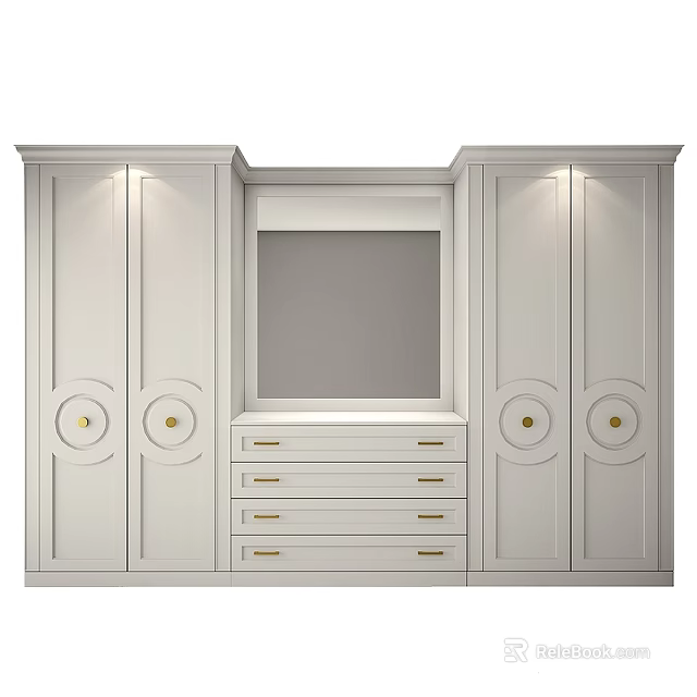 White Modern Dresser with Multiple Drawers Decorative Round Accents and Storage Cabinets 3d model 