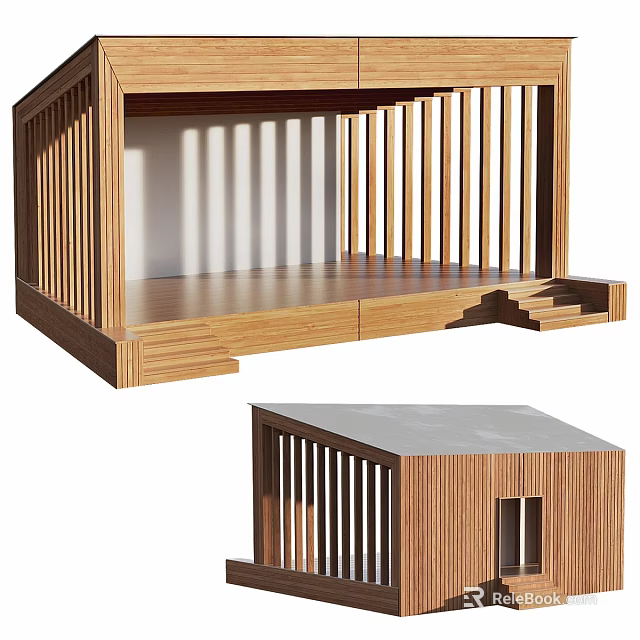 Modern Wooden Decorative Garden Structure With Slatted Design Platform Steps And Flat Roof 3d model 