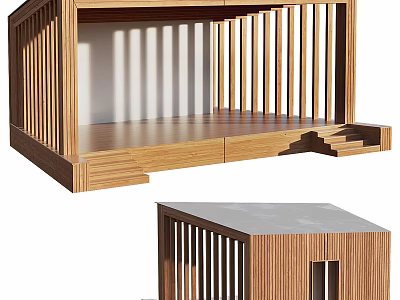Modern Wooden Decorative Garden Structure With Slatted Design Platform Steps And Flat Roof 3d model