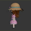 Cute Doll Character Wearing Straw Hat With Flower Pink Dress Blue Belt And Brown Hair