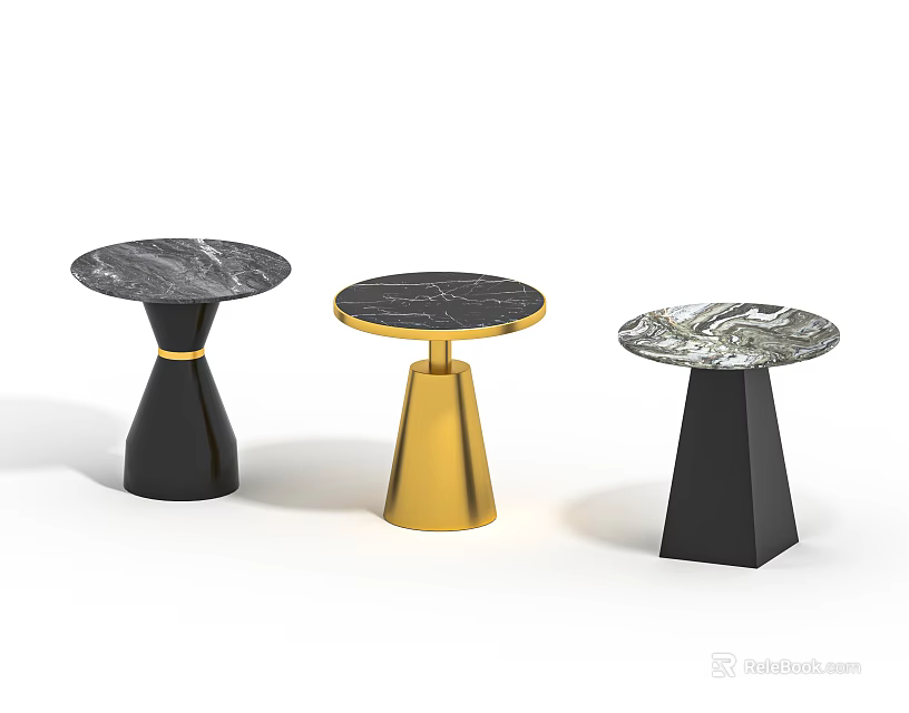 Three Stylish Side Tables Featuring Marble Surfaces And Black Gold Bases Different Designs 3d model 