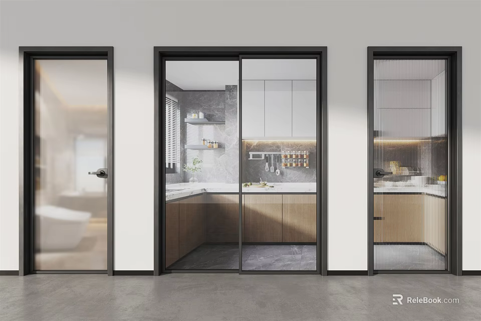 Modern Kitchen Interior Design With Stylish Glass Sliding Doors And Open Concept 3d model 