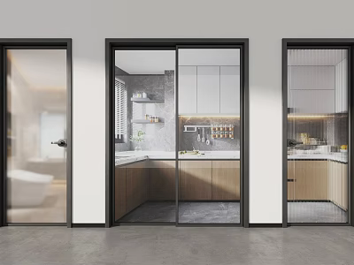 Modern Kitchen Interior Design With Stylish Glass Sliding Doors And Open Concept 3d model