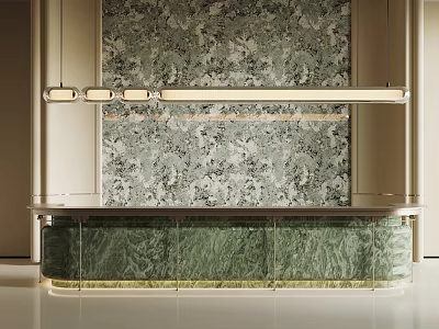 Modern Bar Counter With Green Glass Front Floral Wallpaper And Linear Pendant Lights 3d model