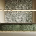 Modern Bar Counter With Green Glass Front Floral Wallpaper And Linear Pendant Lights