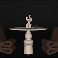 Modern Round White Dining Table Set With Sculptural Base And Brown Curved Chairs