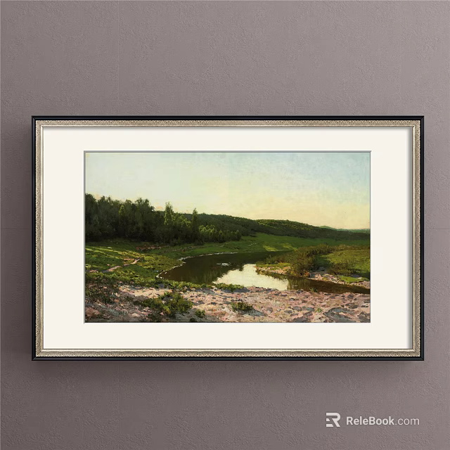 Scenic Landscape Painting with Green Meadow Flowing Stream and Lush Trees on Hillside 3d model 