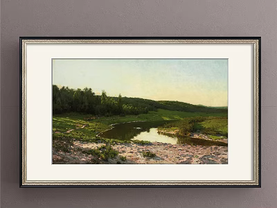 Scenic Landscape Painting with Green Meadow Flowing Stream and Lush Trees on Hillside 3d model