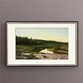 Scenic Landscape Painting with Green Meadow Flowing Stream and Lush Trees on Hillside