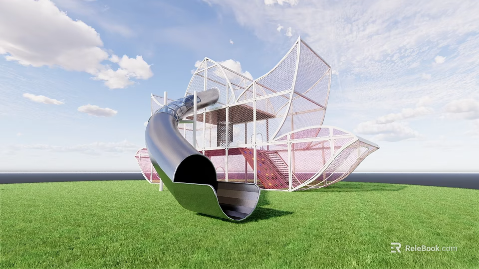 Modern Children's Playground With Metal Slide And Net Structure On Green Grass For Kids Fun 3d model 