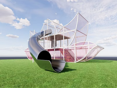 Modern Children's Playground With Metal Slide And Net Structure On Green Grass For Kids Fun 3d model