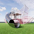 Modern Children's Playground With Metal Slide And Net Structure On Green Grass For Kids Fun