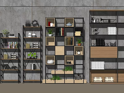 Modern Decorative Shelves With Black Metal Frames Wooden Layers Books Plants And Decor Items 3d model