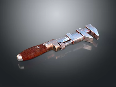 Durable Adjustable Hardware Wrench With Wooden Handle And Metal Components 3d model