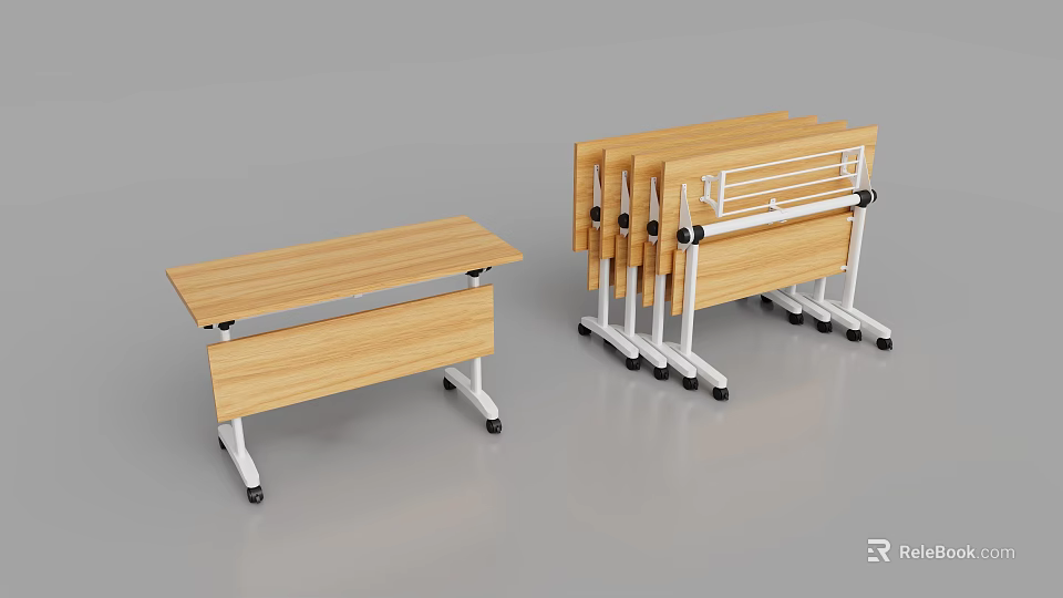 Foldable Stackable Conference Tables With Wooden Tabletop White Metal Legs And Wheels 3d model 