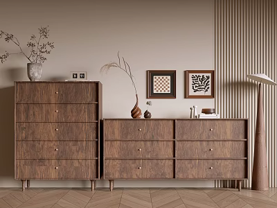 Modern Wooden Entryway and Side Cabinet with Vase Dried Branches Wall Art and Floor Lamp 3d model