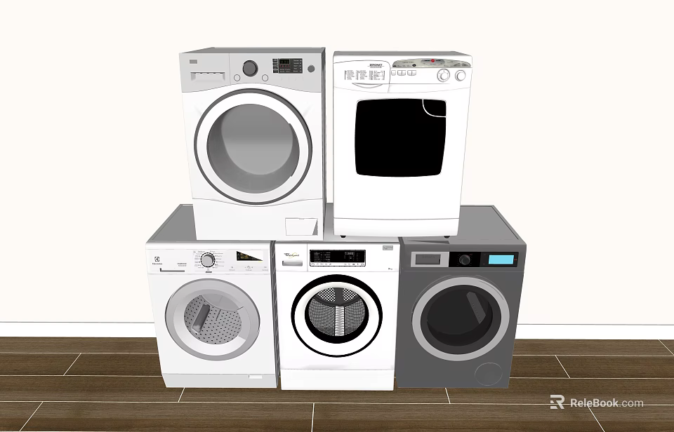Modern Washing Machines In Various Styles White And Gray Stacked And Side By Side 3d model 