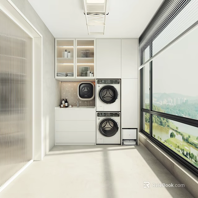 Modern Home Balcony Design With Stacked Washing Machines Storage Cabinets And Large Scenic Windows 3d model 